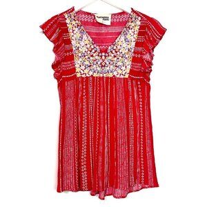 Savannah Jane Red Embroidered Short Sleeve Ruffled Blouse Size S